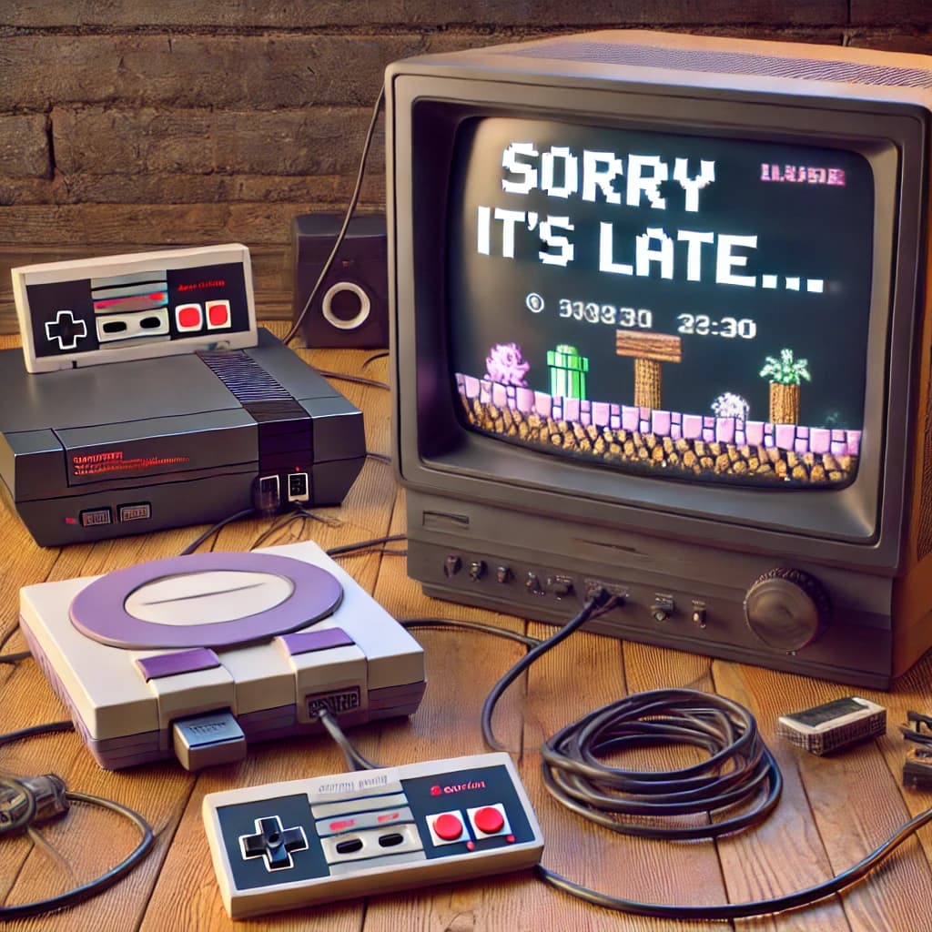 🎮 Sorry It's Late Retro Gaming E-Card 💡